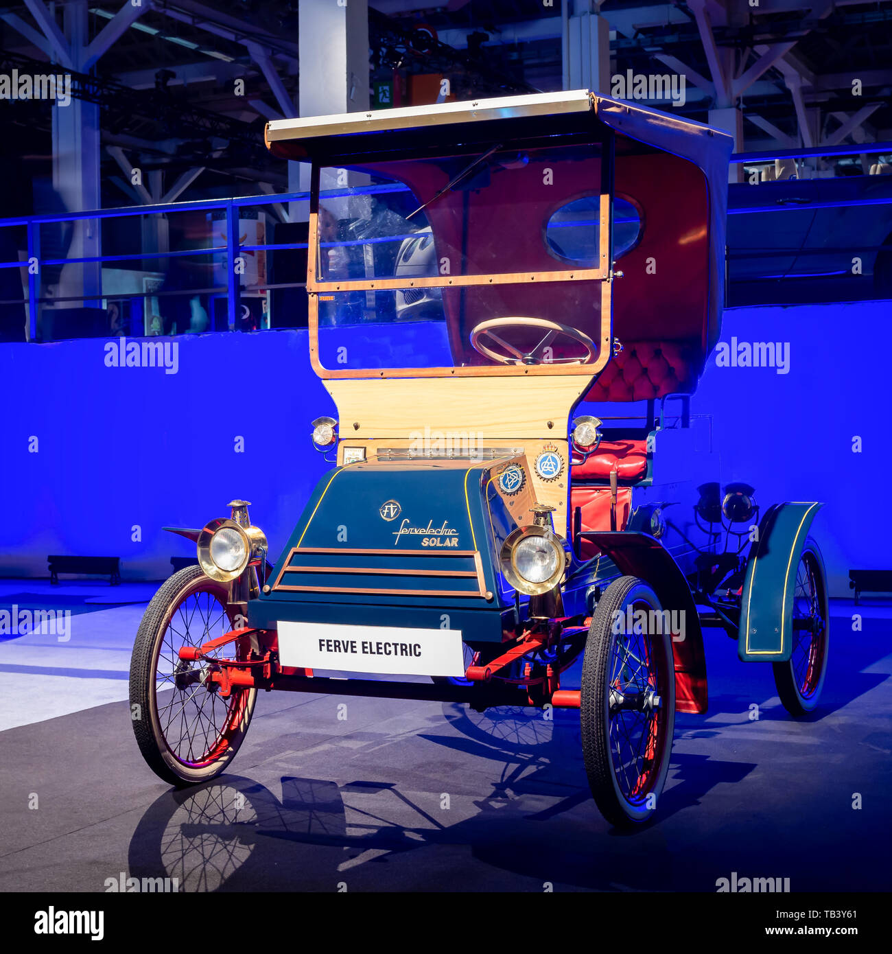 BARCELONA, SPAIN-MAY 11, 2019: 1967 Fervelectric Coche Electrico Espanol at the 100 years of the Automobile Exhibition Stock Photo