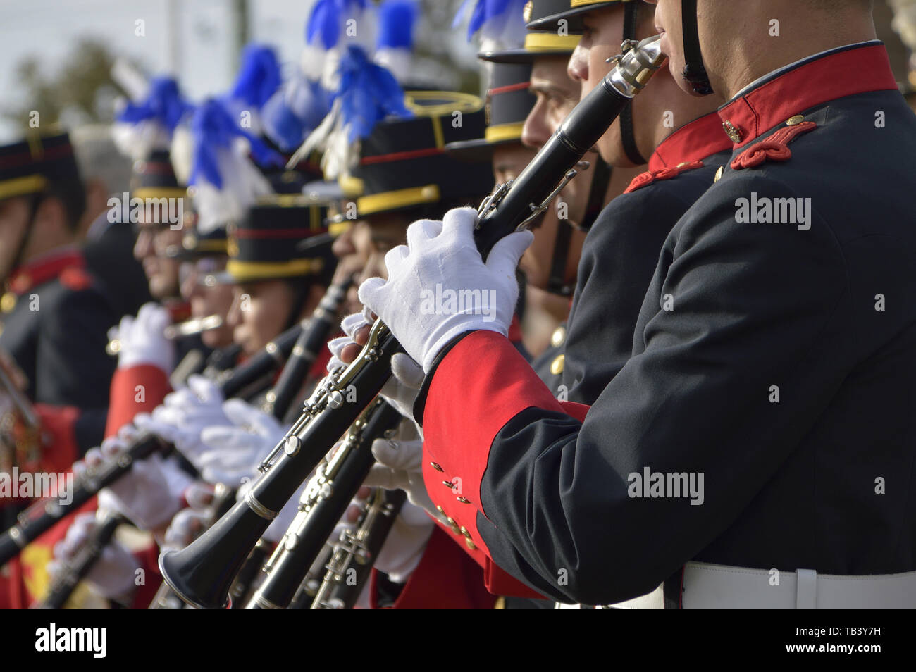 CANELONES, URUGUAY - MAY 18, 2019: Military orchestra playing clarinets, 208 anniversary of Batalla de Las Piedras. Stock Photo