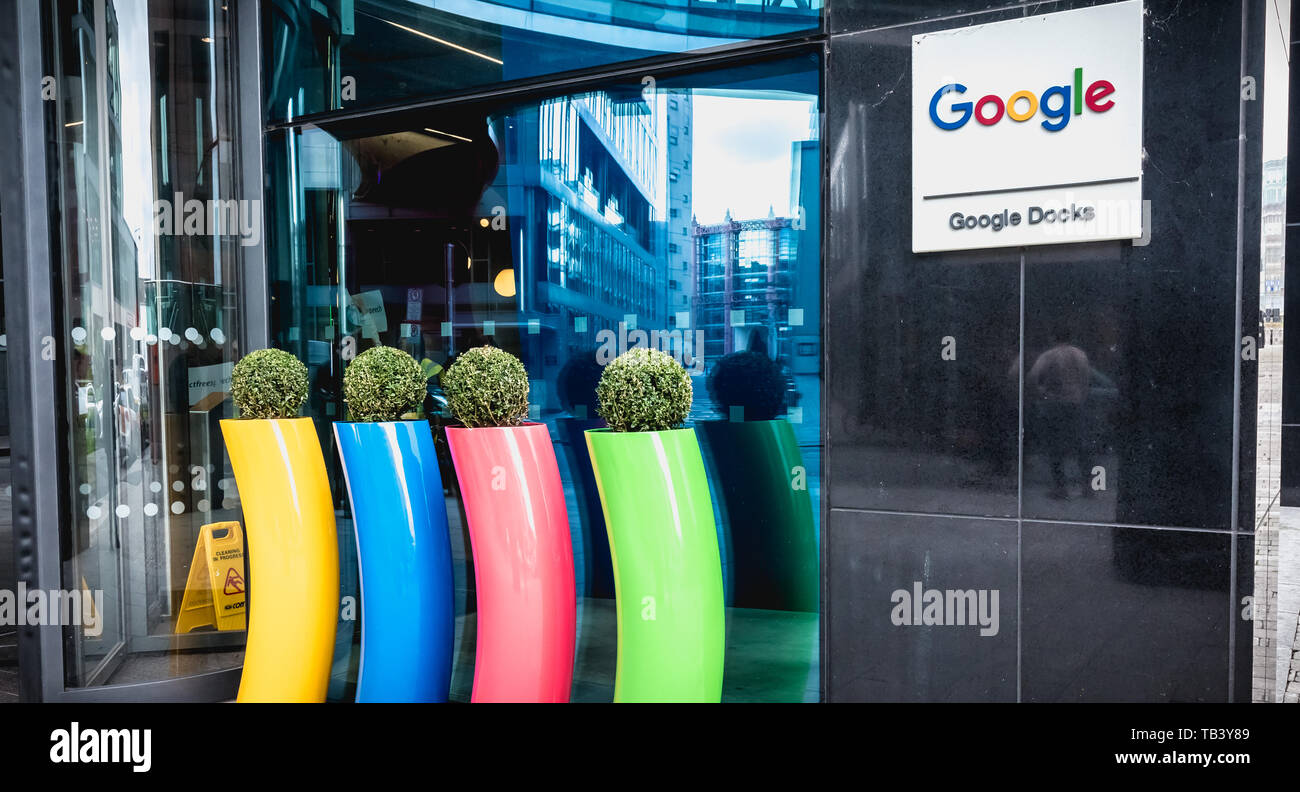 Dublin, Ireland - February 12, 2019: Architectural detail of the Irish headquarters building of the multinational Google on a winter day Stock Photo