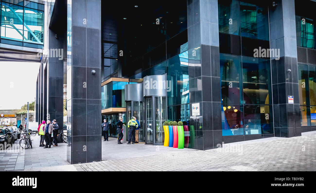 Dublin, Ireland - February 12, 2019: Architectural detail of the Irish headquarters building of the multinational Google on a winter day Stock Photo