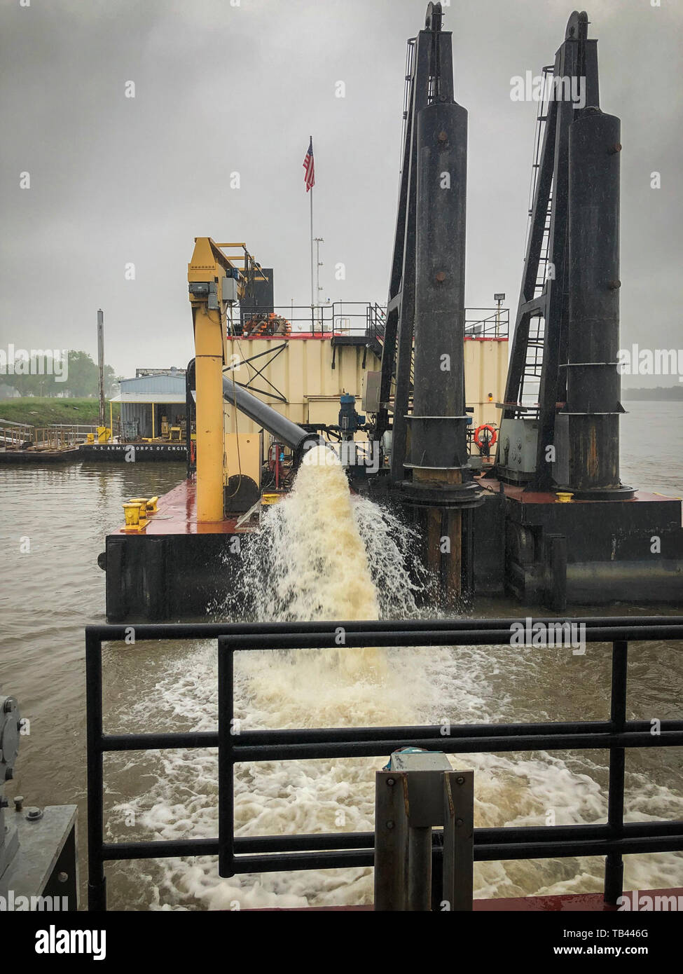 The Dredge Goetz crew on standby below Lock and Dam 20, near Canton, Missouri, on May 12, awaiting lockages north to return to the St. Paul District. Her crew spent the winter months dredging in the Rock Island and St. Louis Districts, but returned home to support dredging operations from Minneapolis, Minnesota, to Guttenberg, Iowa, after high water continues moving sediment into the navigation channel. As of May 24, the St. Paul District employed five dredging operations to maintain the navigation channel and enable tows making the Port of St. Paul once water levels decrease and locks re-open Stock Photo