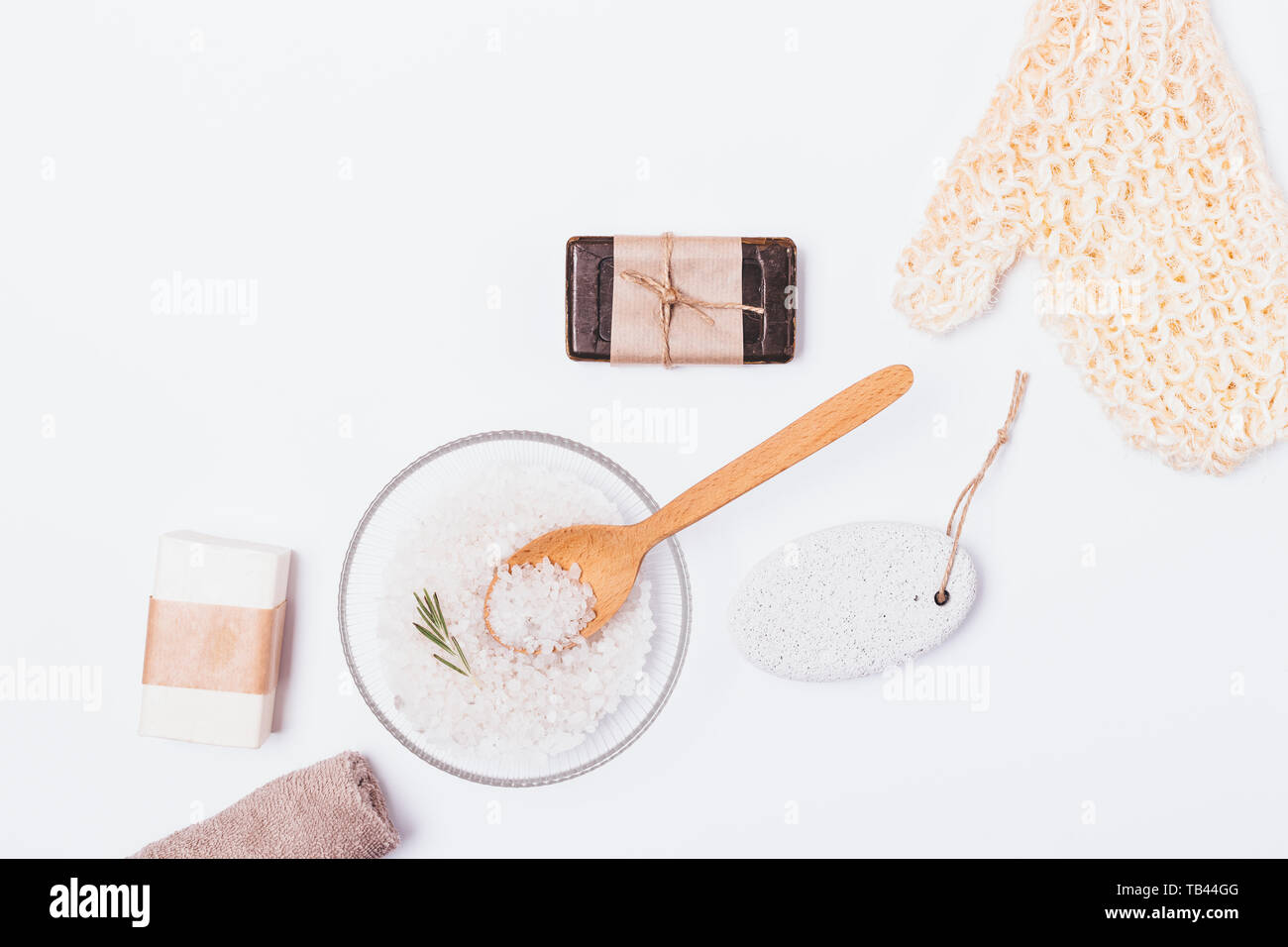 Bath background of cosmetics and accessories for skin cleansing and