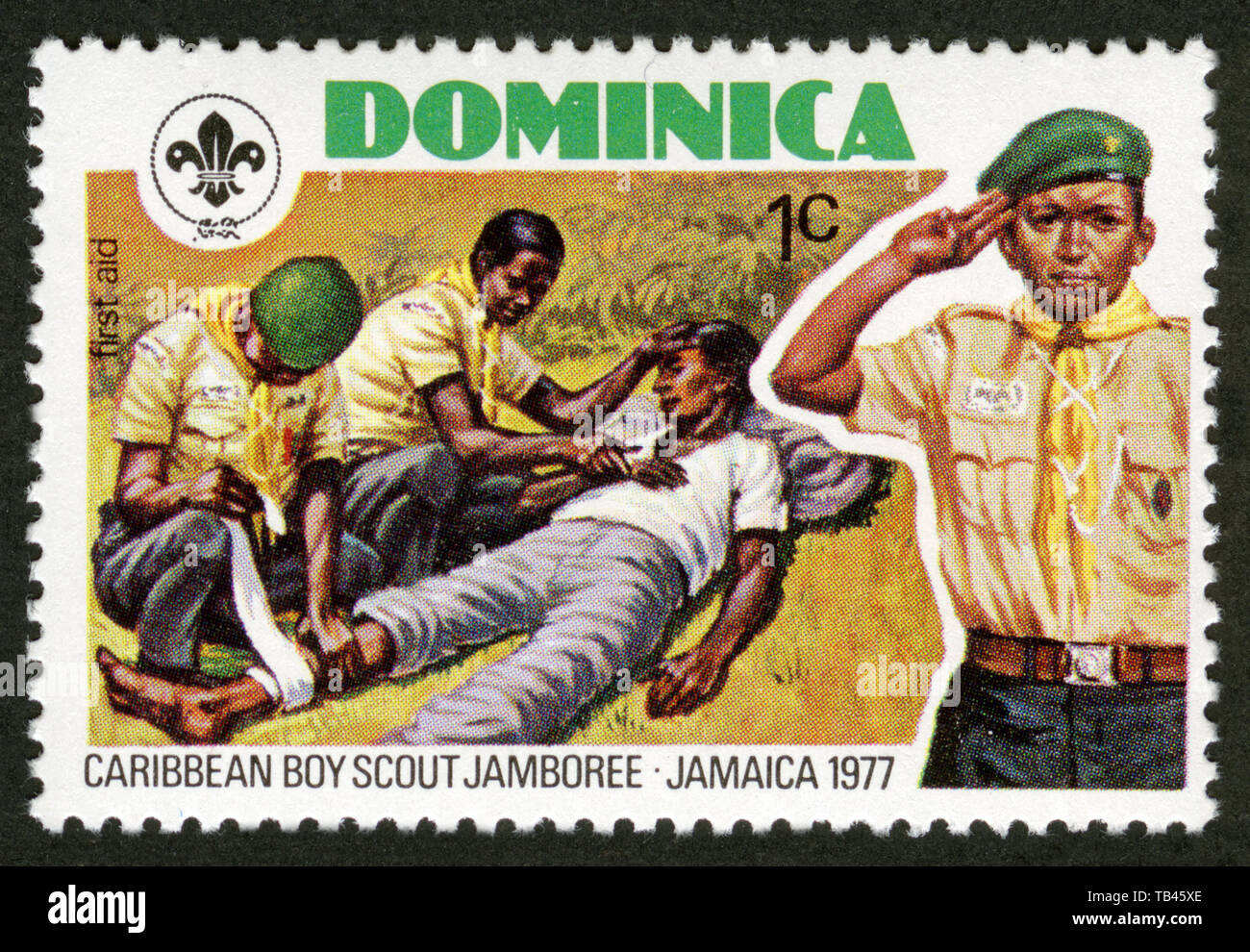 Stamp print in Dominica,1977, Caribbean, boy scout, jamboree, Jamaica Stock Photo Alamy