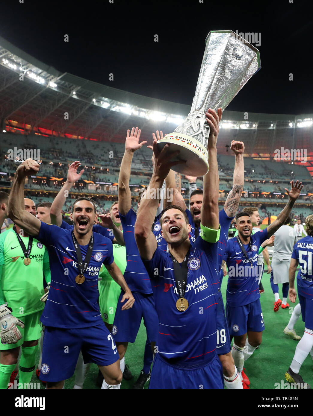 Chelsea S Cesar Azpilicueta Celebrates With The Trophy After Winning The Uefa Europa League Final At The Olympic Stadium Baku Azerbaijan Stock Photo Alamy