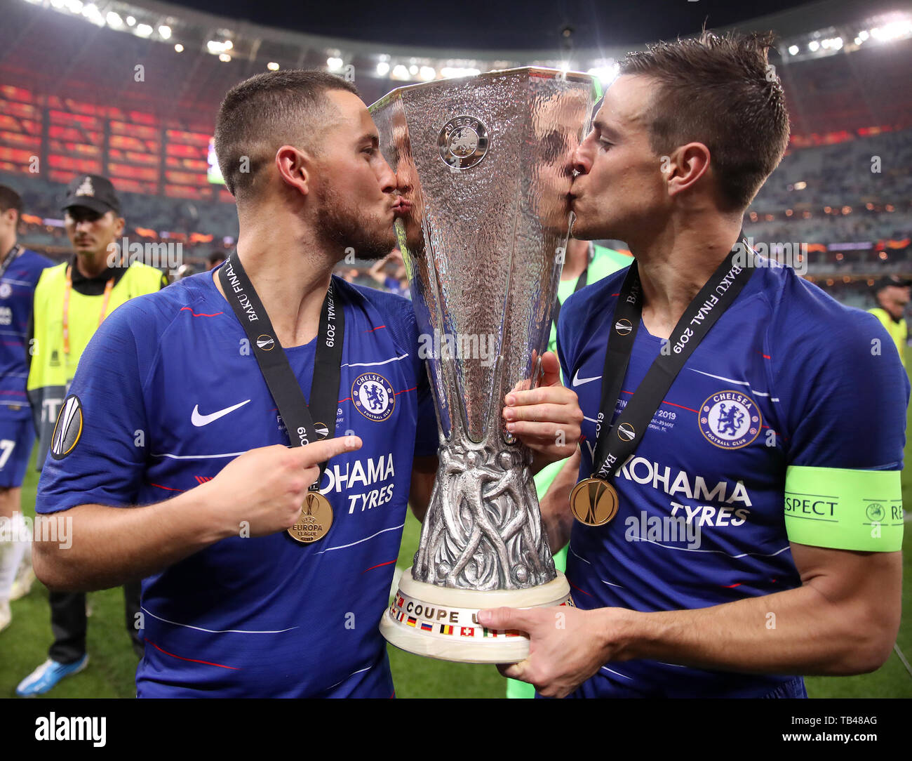 Chelsea S Eden Hazard Left And Cesar Azpilicueta Celebrate With The Trophy After The Uefa Europa League Final At The Olympic Stadium Baku Azerbaijan Stock Photo Alamy