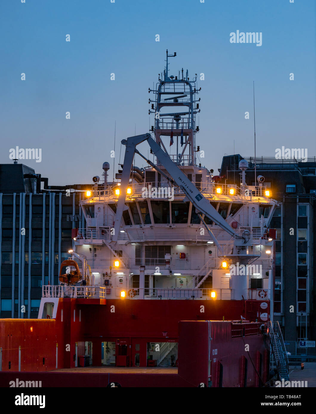 Offshore supply vessel docked in Aberdeen Harbour, Aberdeen, Scotland, UK Stock Photo