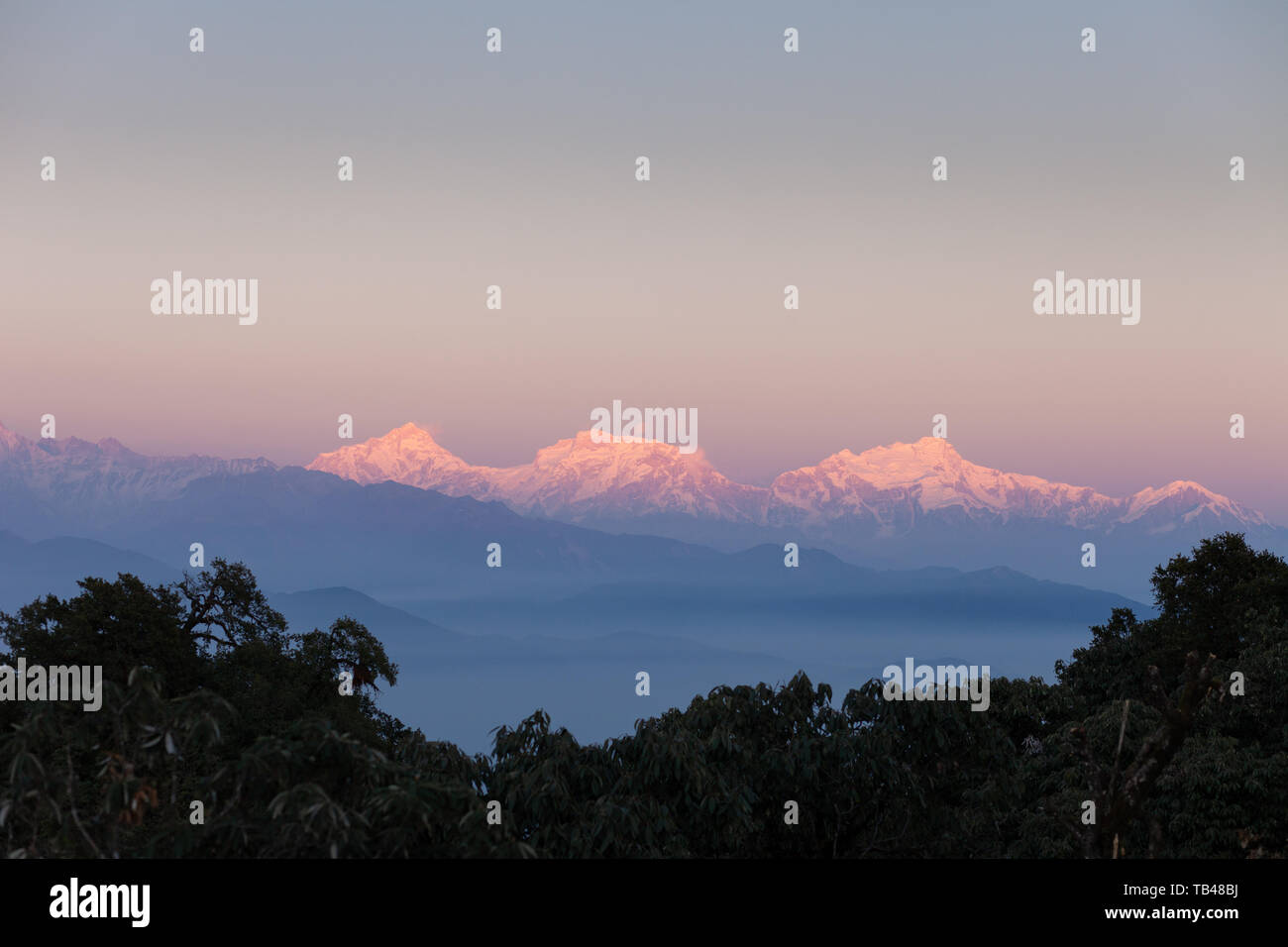 Manaslu, Ngadi Chuli, Himalchuli peaks in the Himalayas, Nepal Stock Photo