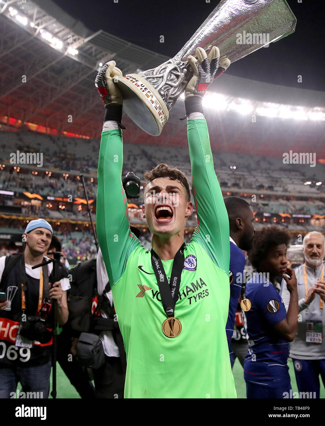Chelsea Goalkeeper Kepa Arrizabalaga Celebrates With The Trophy After The Uefa Europa League Final At The Olympic Stadium Baku Azerbaijan Stock Photo Alamy