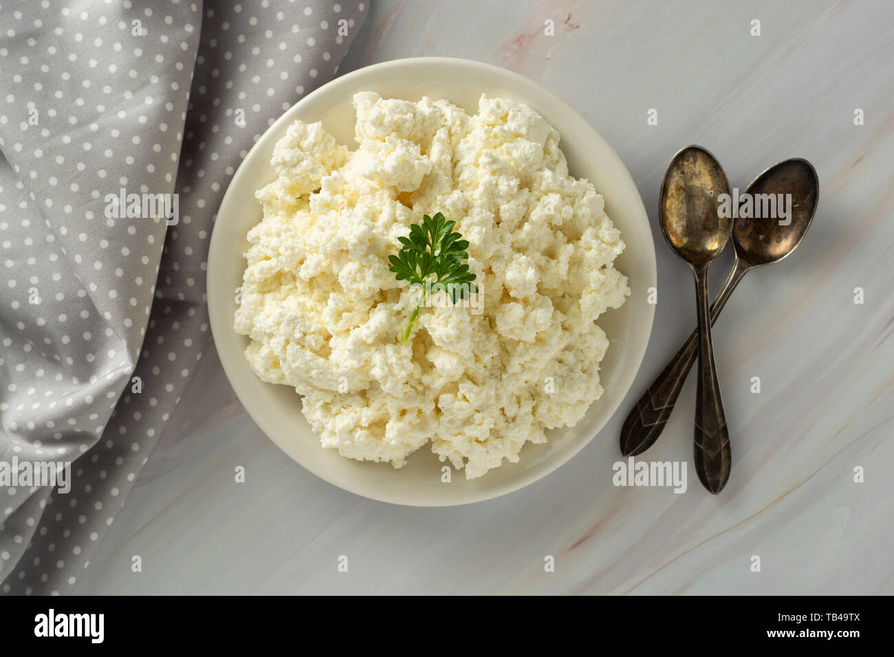 Cottage Cheese Isoalted On Light Marble Background Dairy