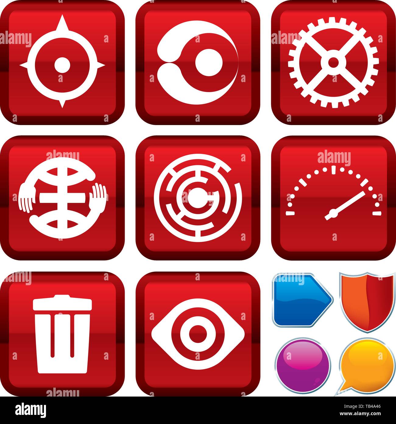 Vector illustration. Set of concept icons on square buttons. Geometric style. Stock Vector