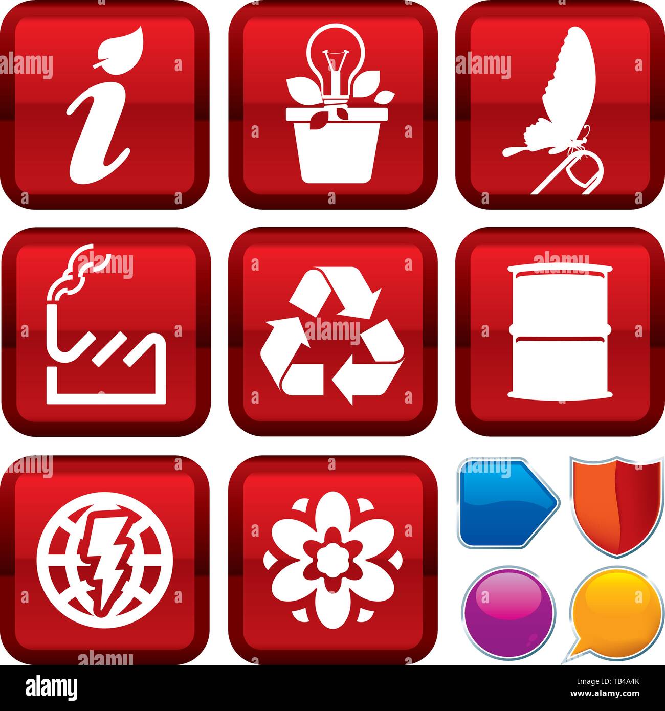 Vector illustration. Set of ecology icons on square buttons. Geometric ...