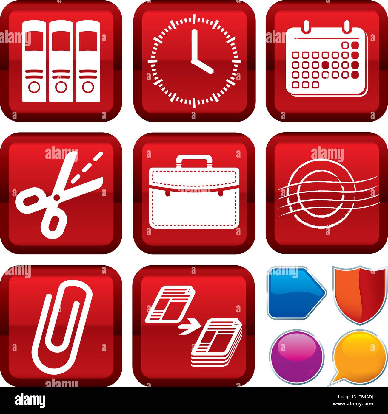 Vector illustration. Set of office stuff icons on square buttons ...