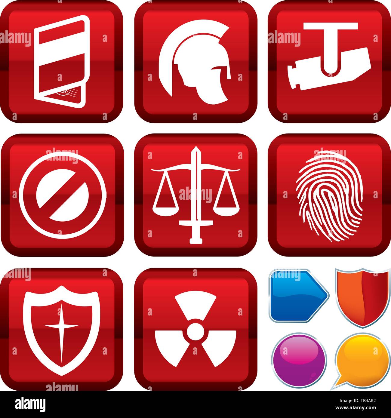 Vector illustration. Set of security icons on square buttons. Geometric ...