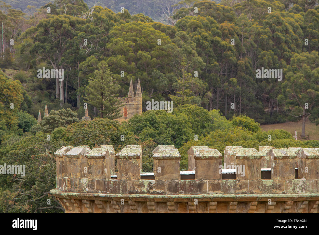 Church set amongst trees at Port Arthur, Tasmania Stock Photo