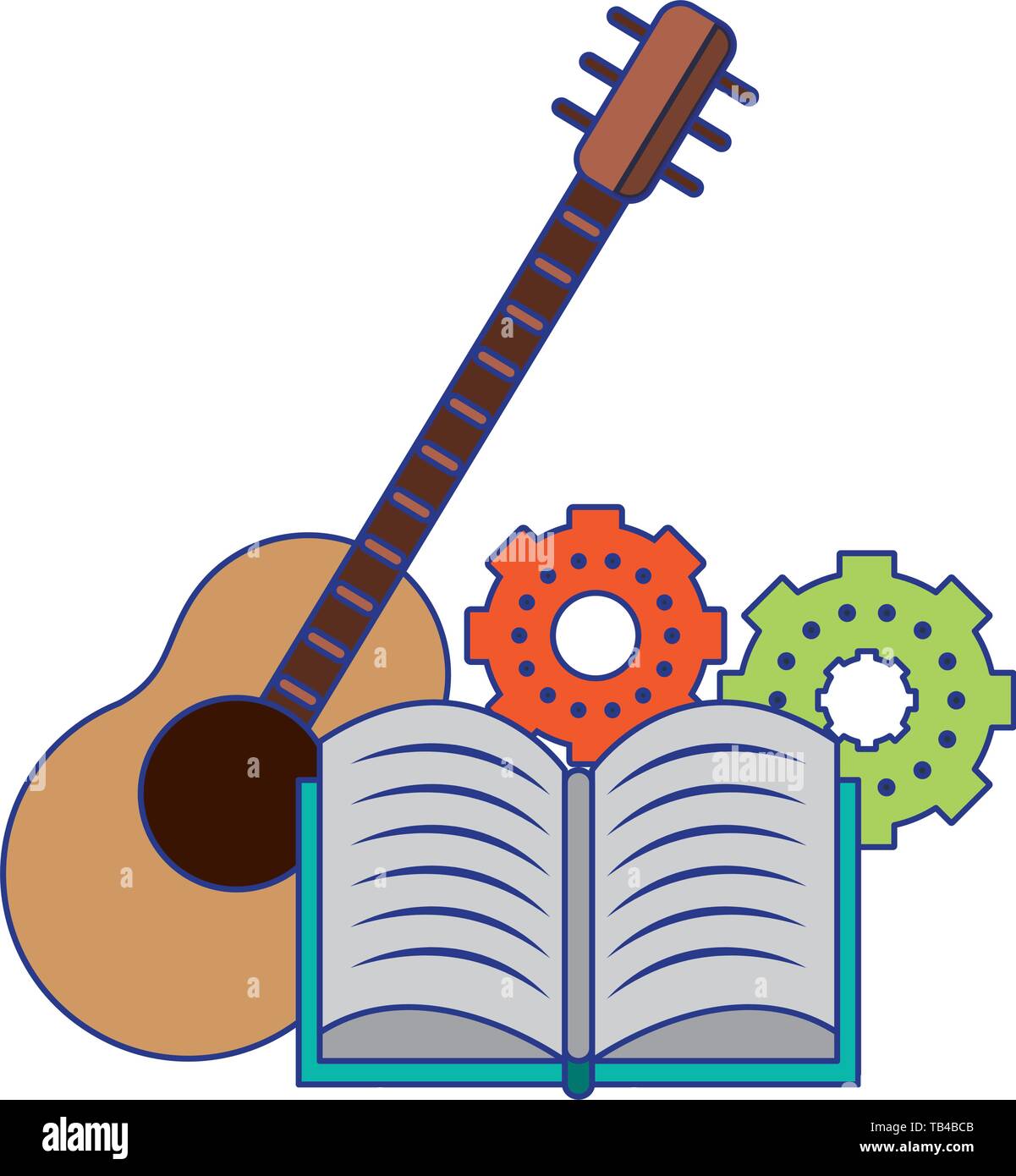 Book with gears and guitar music instrument blue lines Stock Vector