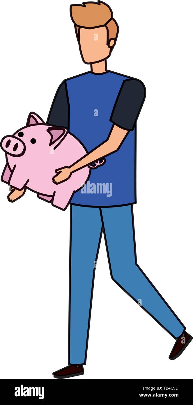 young man lifting piggy savings character Stock Vector Image & Art - Alamy
