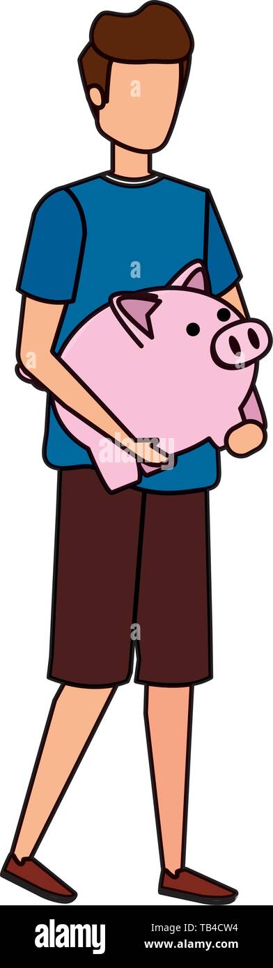 young man lifting piggy savings character Stock Vector Image & Art - Alamy