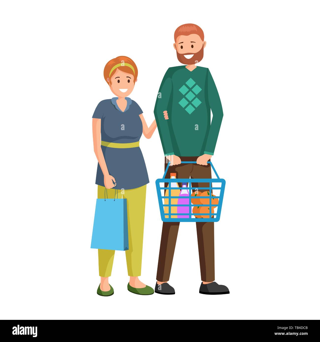 Couple buying grocery products vector illustration. Husband and wife purchasing fresh fruits cartoon characters. Adult shoppers, buyers with shopping basket, woman holding shopping bag Stock Vector