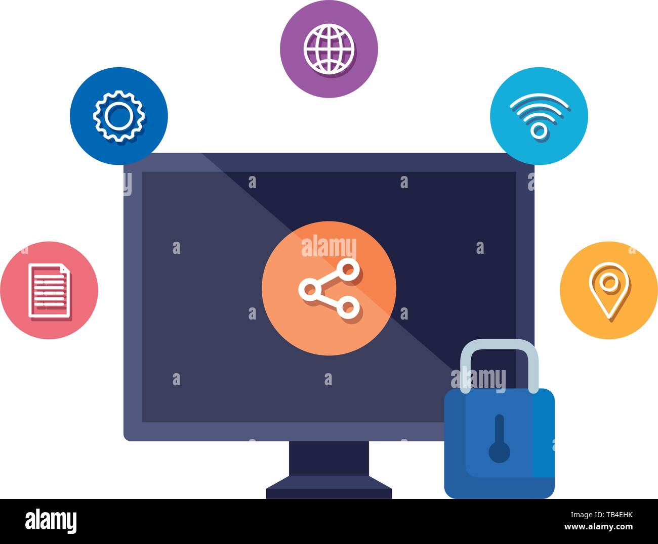 desktop with padlock and social media icons Stock Vector