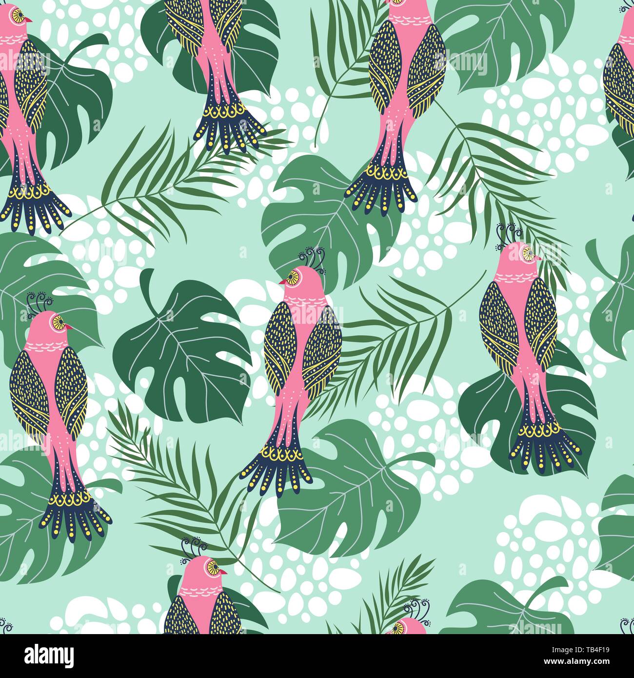 Hand drawn seamless pattern with tropical pink birds, flowers and leaves on blue background. Vector flat illustration Stock Vector