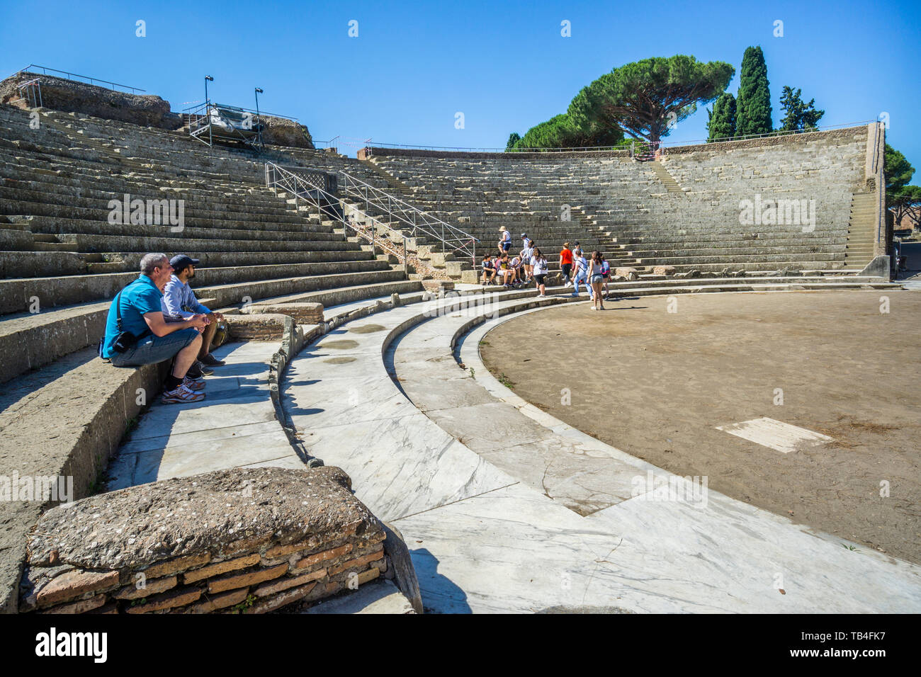 reconstructed seating area of the Roman Theatre at the Roman settlement of Ostia Antica, the ancient harbour of the city of Rome, Province of Roma, La Stock Photo