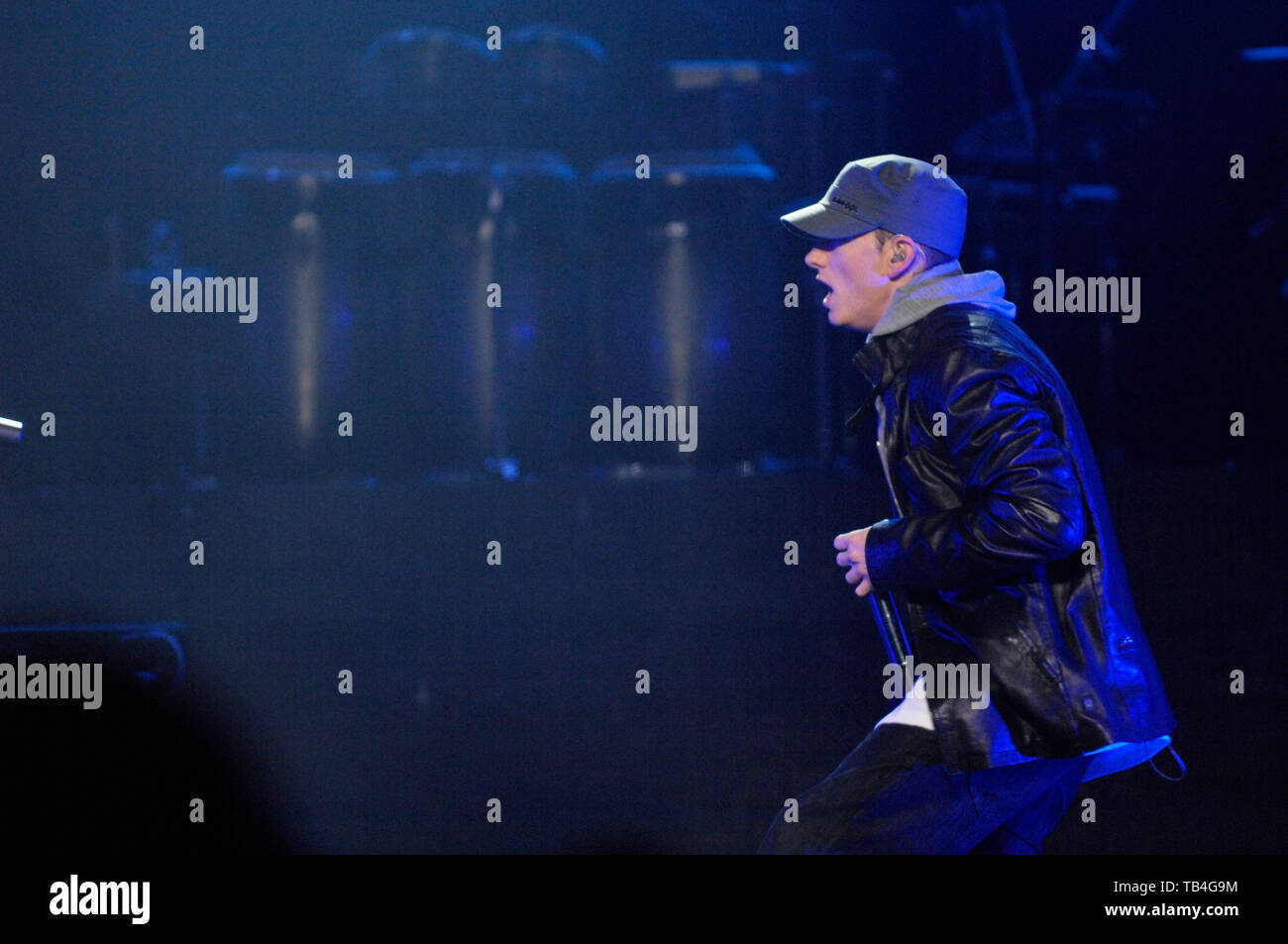 Rapper Eminem performs on-stage at the launch of 'DJ Hero' at the ...