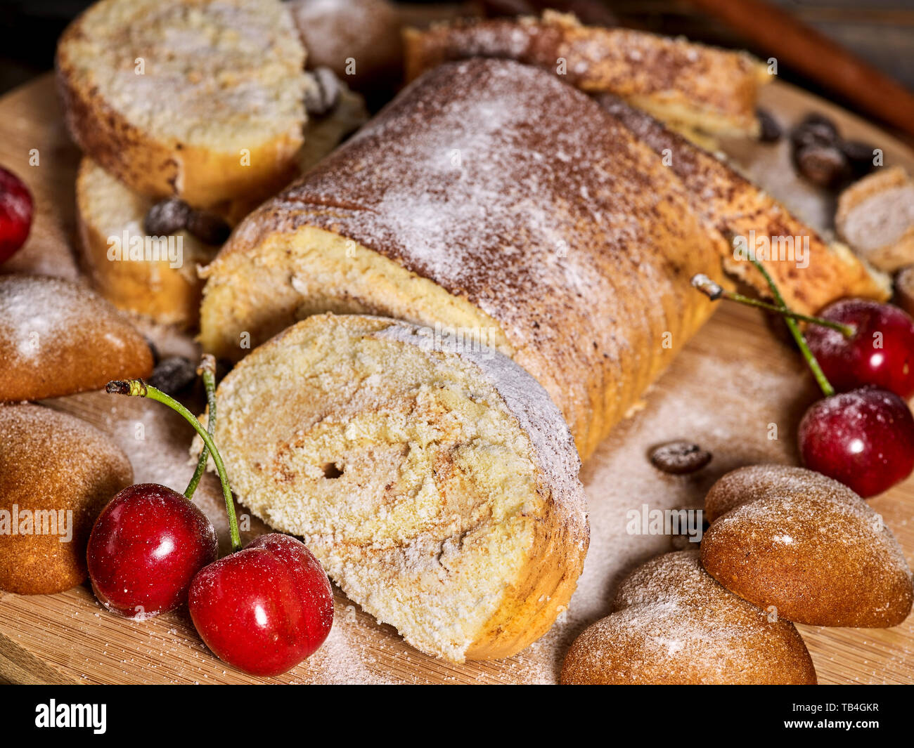 Cookies heart shape, sand rolled biscuit and cinnamon stick Stock Photo