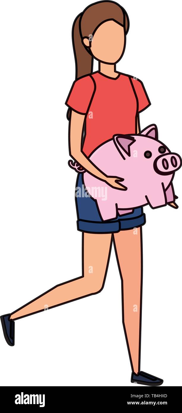 young woman lifting piggy savings character Stock Vector Image & Art ...