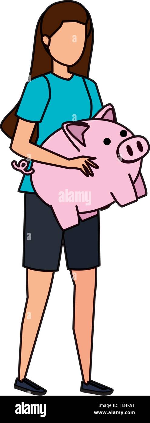 young woman lifting piggy savings character Stock Vector Image & Art ...