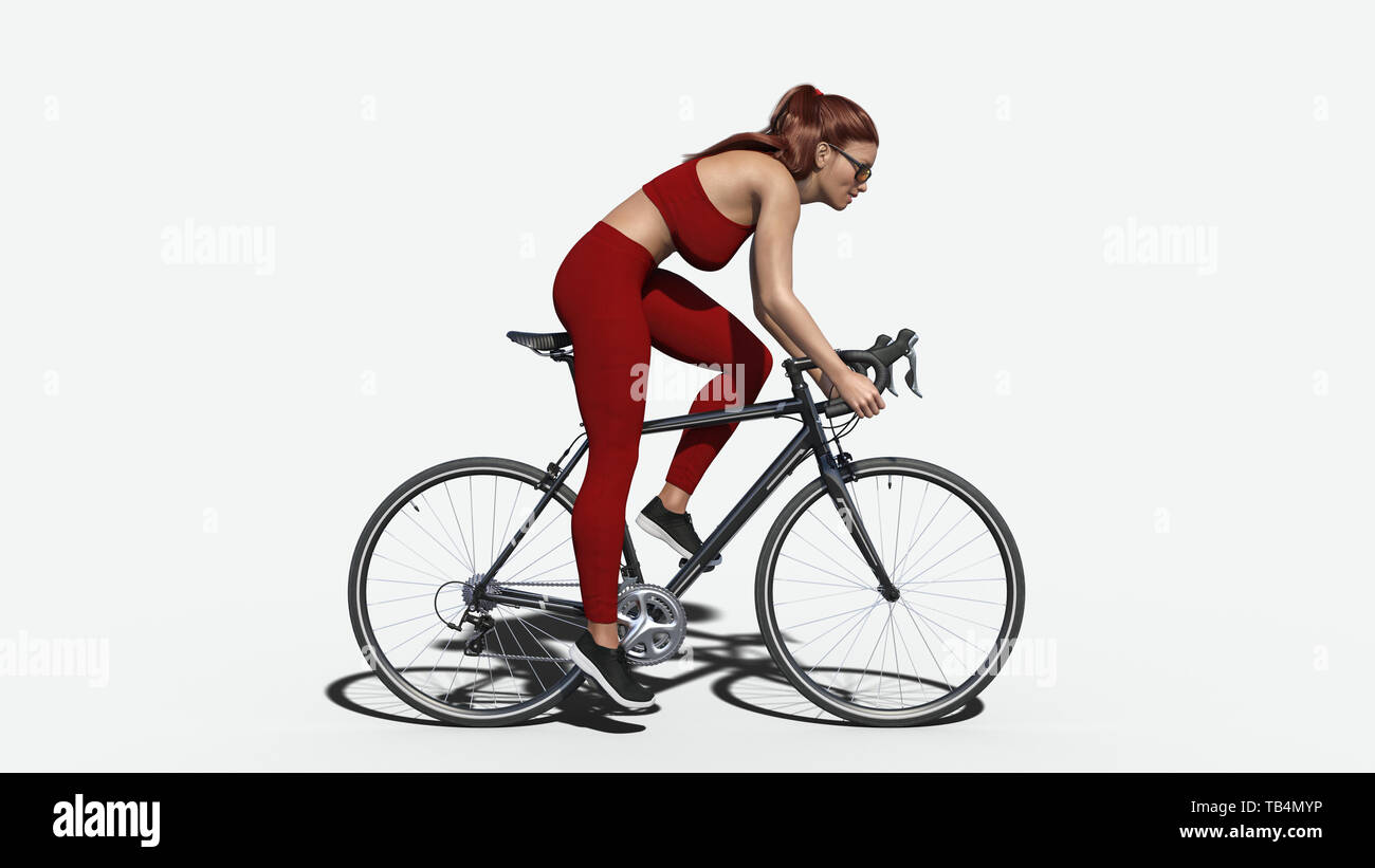 Girl with long hair on a bicycle athletic woman in sports outfit