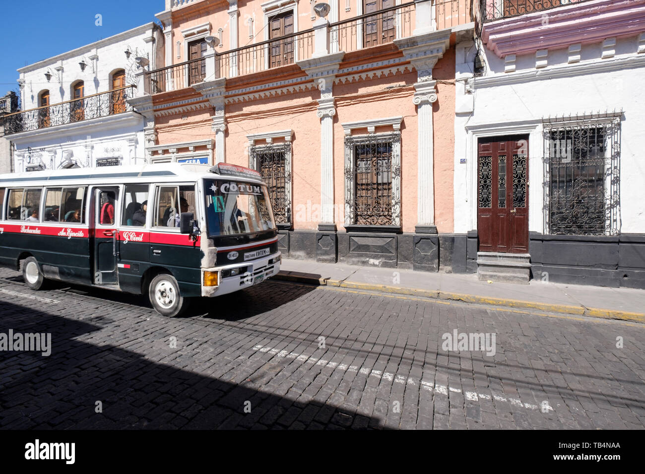 A public bus or colectivo on the streets of Arequipa, Peru Stock Photo