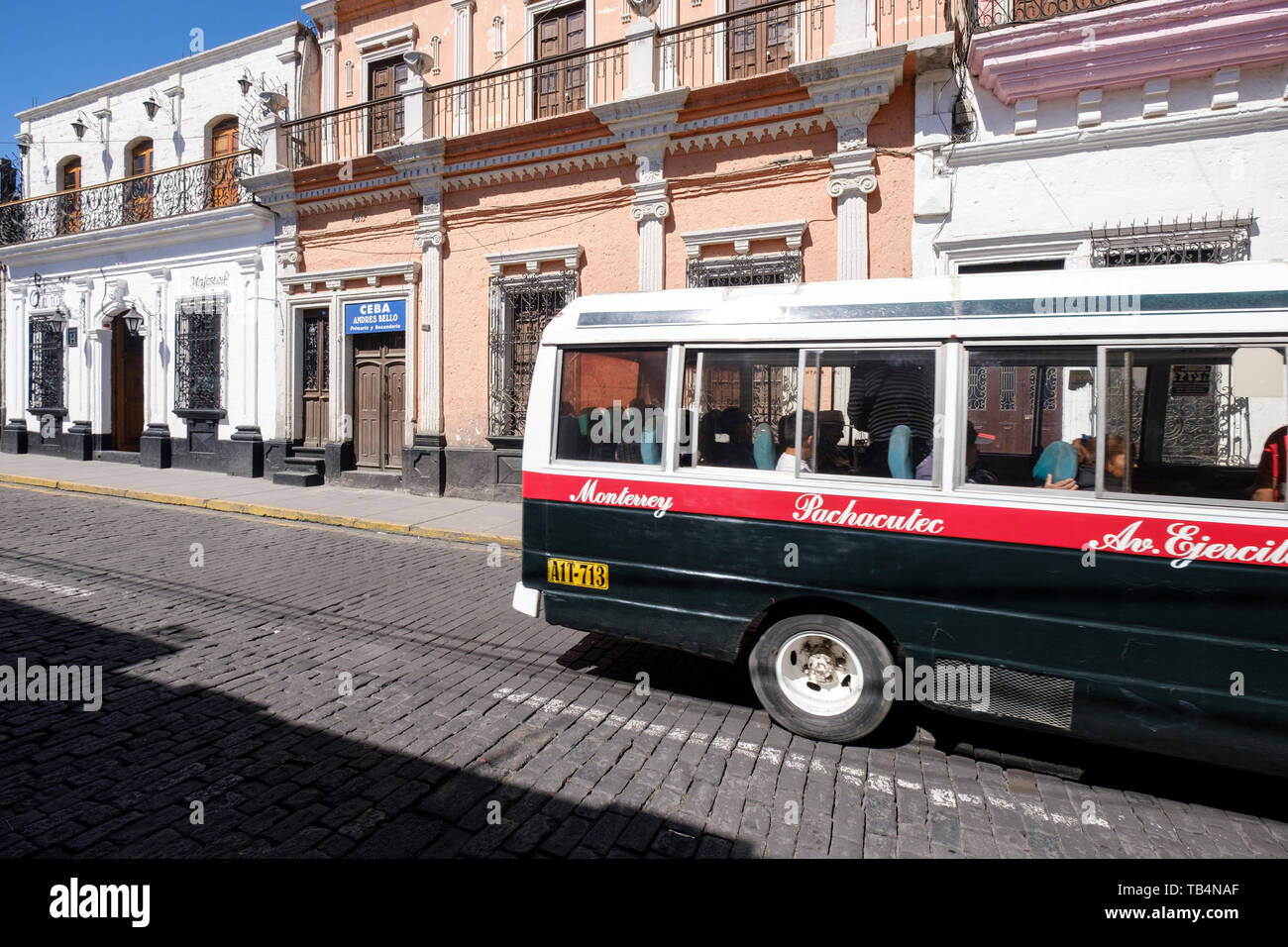 A public bus or colectivo on the streets of Arequipa, Peru Stock Photo