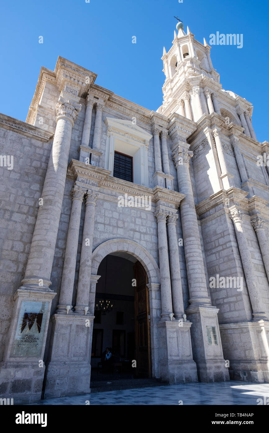 Basilica Cathedral of Arequipa located in the Plaza de Armas or Main Square of Arequipa, Peru Stock Photo