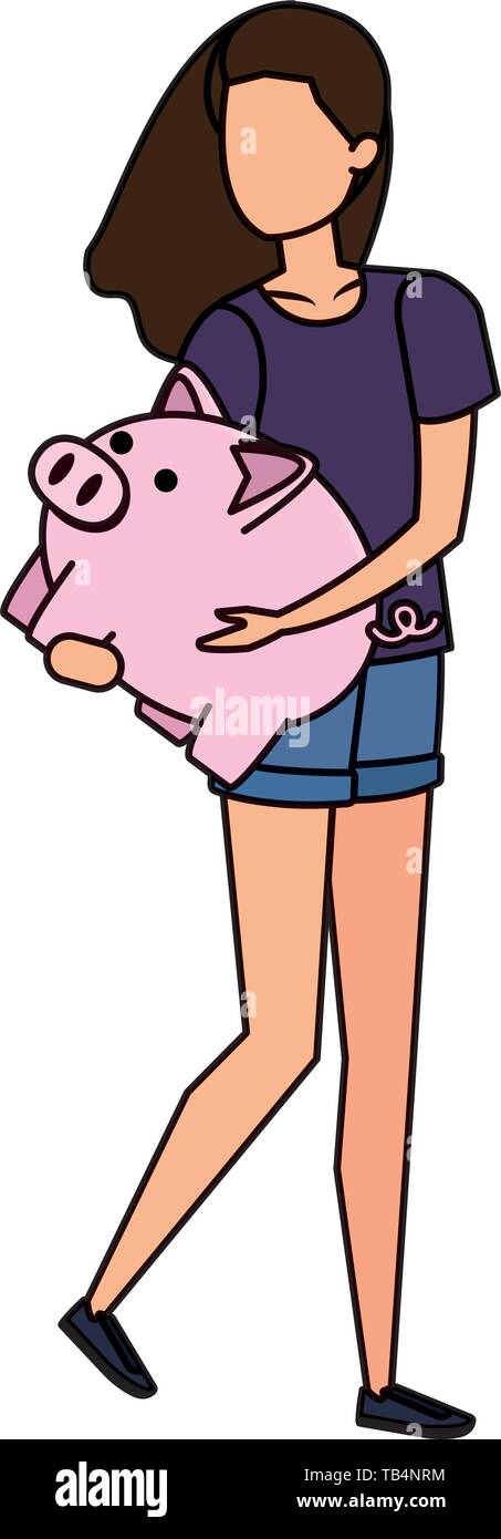 young woman lifting piggy savings character Stock Vector Image & Art ...