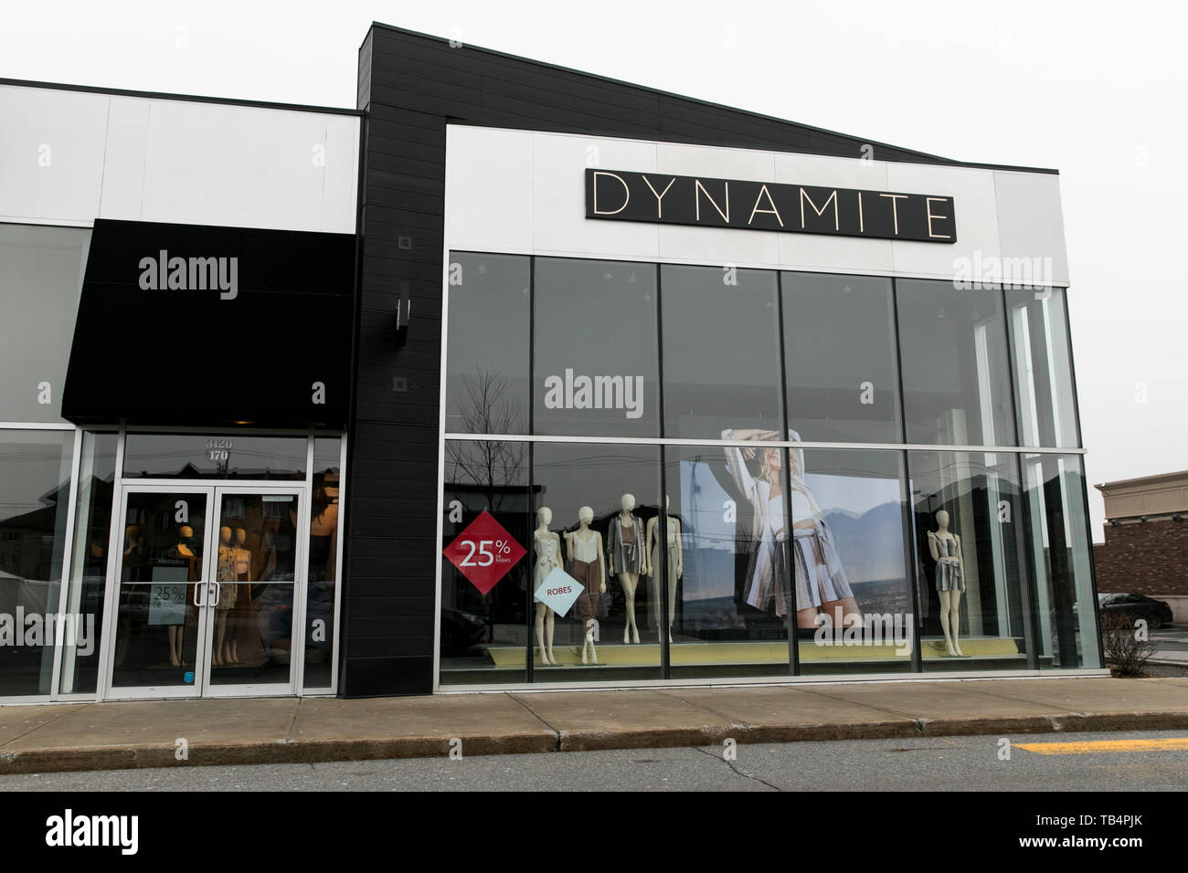 A logo sign outside of a Dynamite retail store location in Vaudreuil-Dorion, Quebec, Canada, on April 21, 2019. Stock Photo
