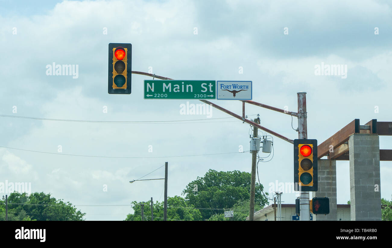 Fort Worth, Texas MAY 20, 2019 North Main Street road sign, with red