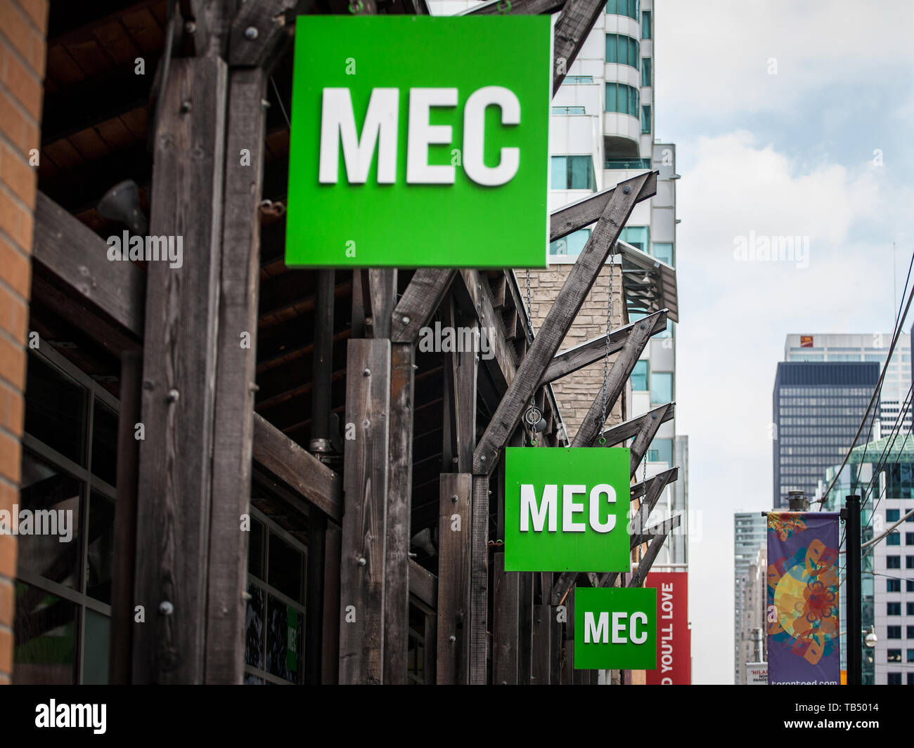 TORONTO, CANADA - NOVEMBER 14, 2018: MEC logo in front of their main store for Toronto, Ontario. Mountain Equipment Co-op is a cooperative specialized Stock Photo