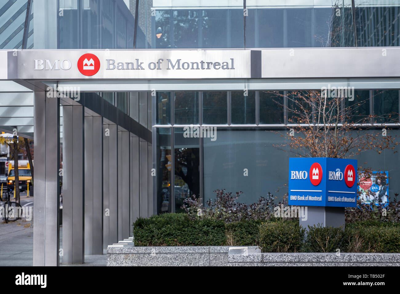 TORONTO, CANADA - NOVEMBER 14, 2018: Bank of Montreal logo, known as BMO, on one of their headquarters. Called as well banque de Montreal, it is one o Stock Photo
