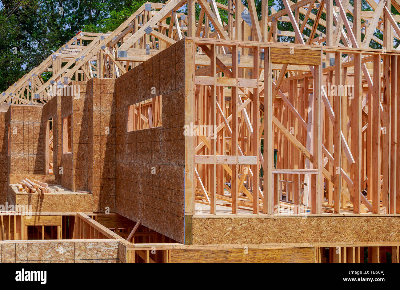 Framed New Construction Of Beam Construction Building A New House From The Ground Up Stock Photo Alamy