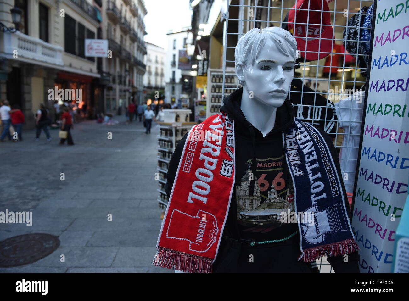 A manikin with the scarf of the 2019 Champions League Final in Madrid. Madrid will host the UEFA Champions League final between Liverpool FC and Tottenham Hotspur on June 1, 2019 at the Wanda Metropolitano Stadium. Stock Photo