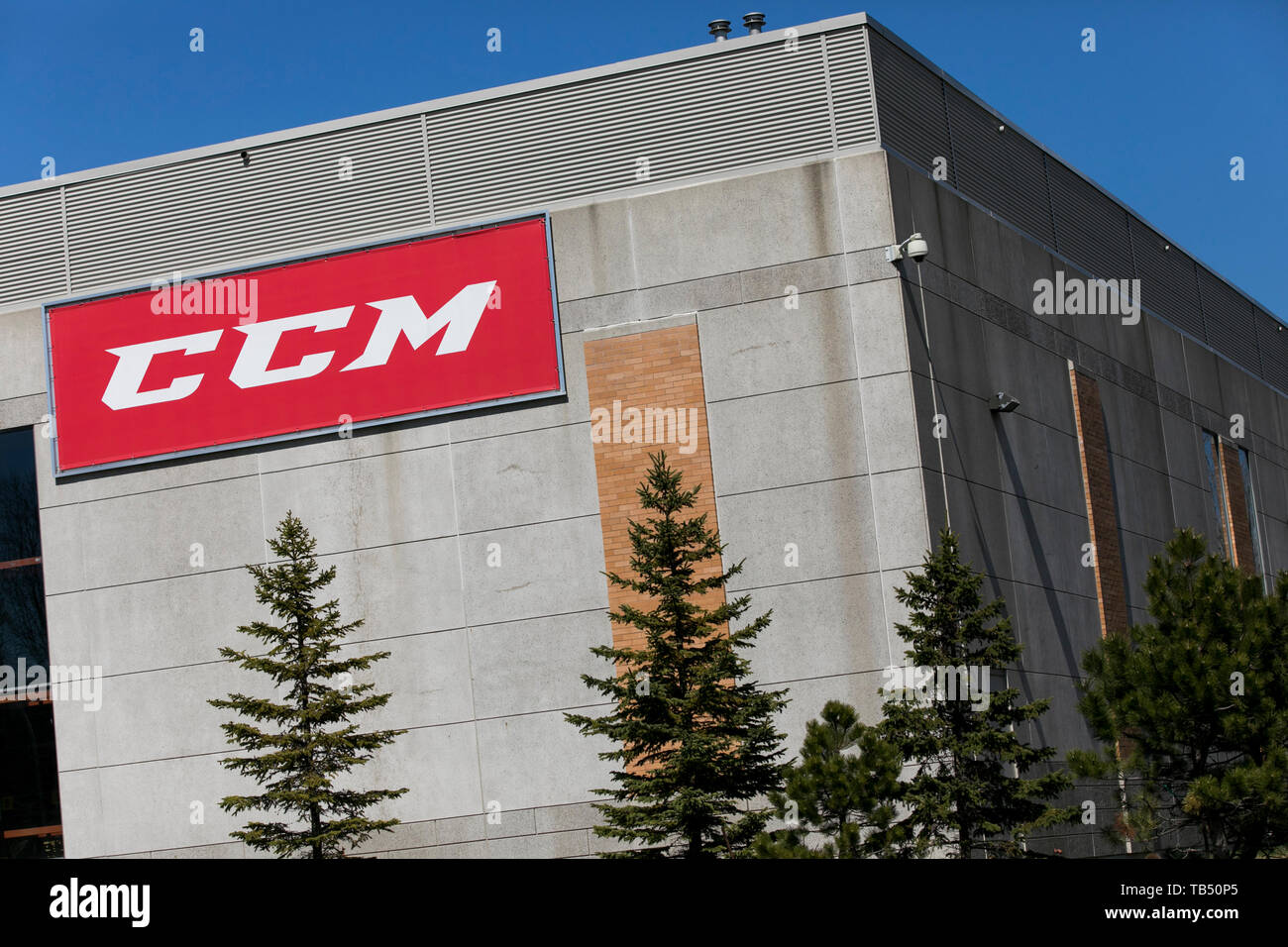 A logo sign outside of a facility occupied by Sport Maska Inc. (CCM Hockey) in Saint-Laurent, Quebec, Canada, on April 21, 2019. Stock Photo