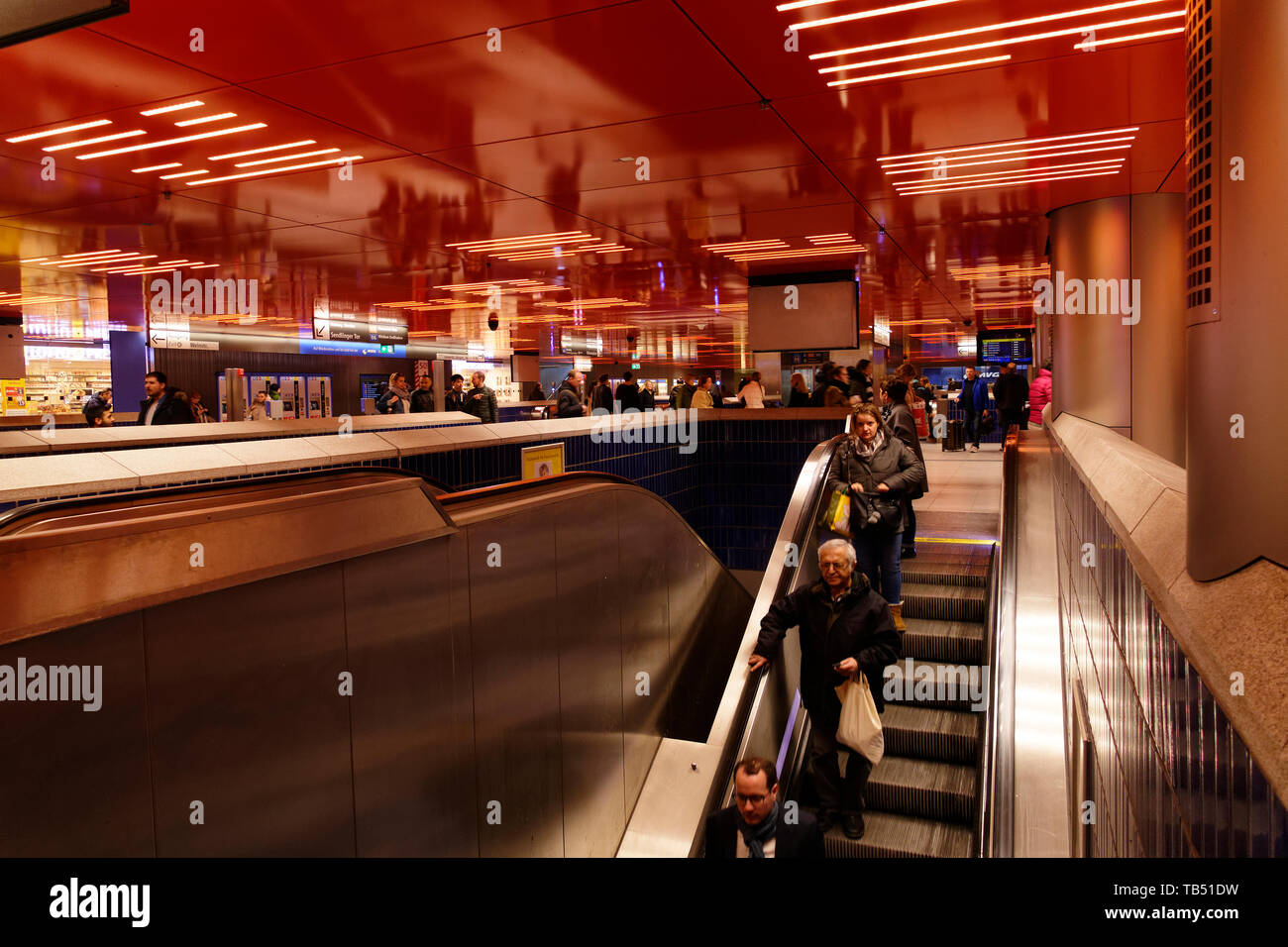 Esculator to the underground railway platforms, Marienplatz, Munich, Upper Bavaria, Germany, Europe Stock Photo