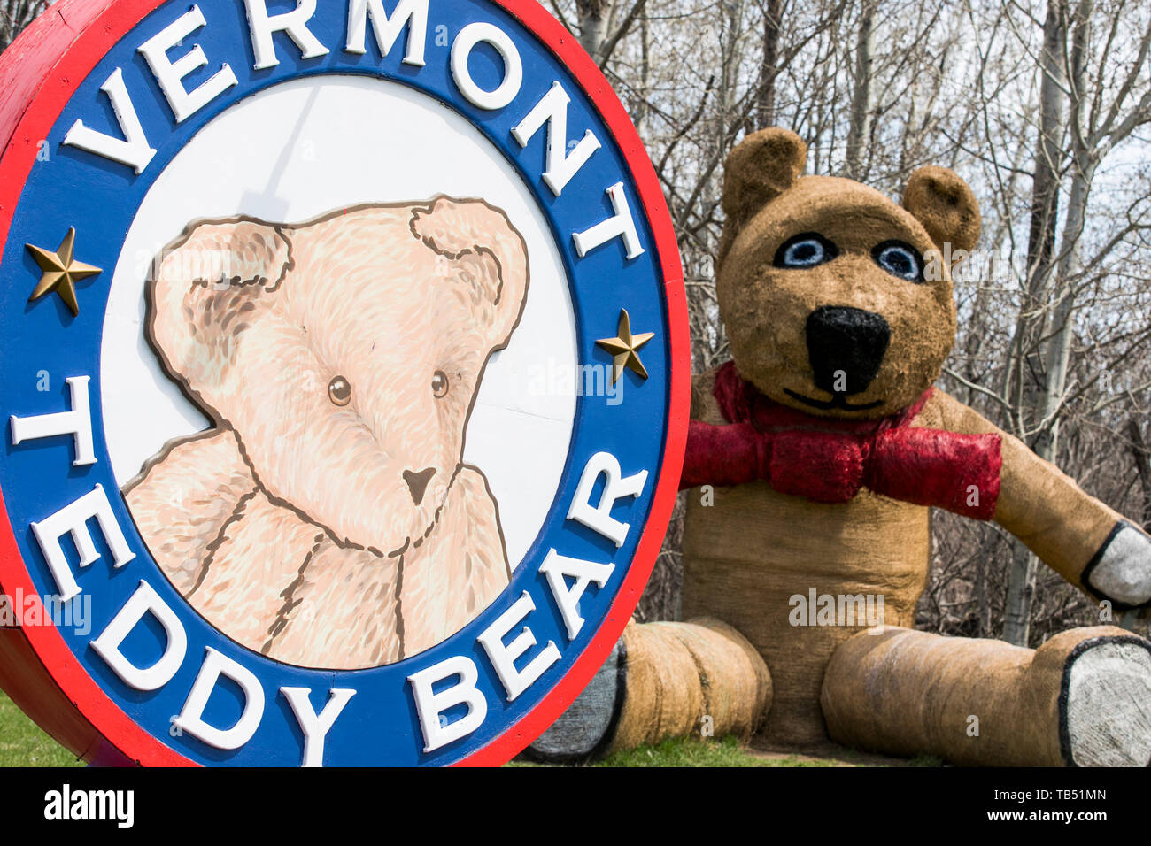 A logo sign outside of the headquarters of the Vermont Teddy Bear