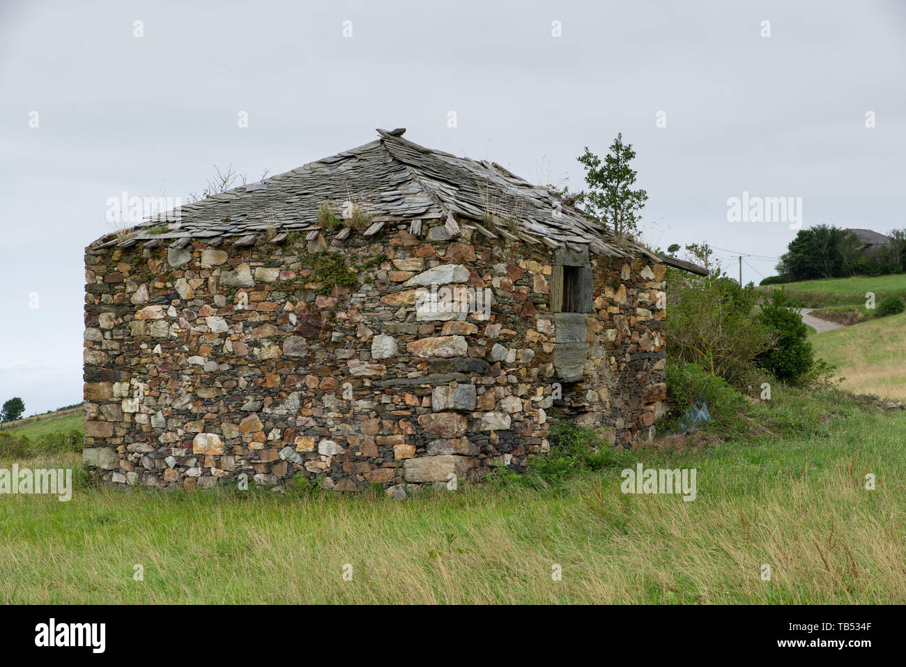 Old derelict house in a field in the mountains of Asturias, Spain. /  Altes aufgegebenes Haus auf einem Gebiet in den Bergen von Asturien, Spanien. Stock Photo