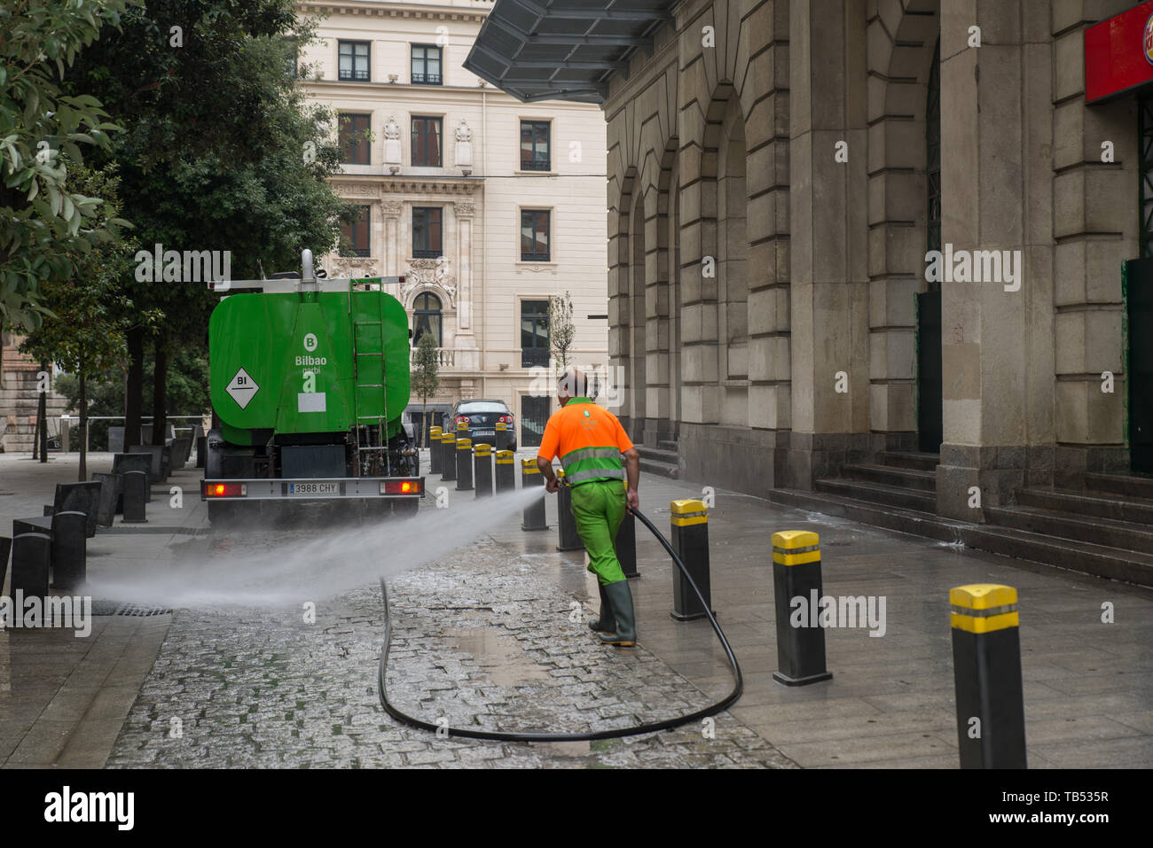 Street cleaning in Bilbao, Basque country, Spain. Stock Photo