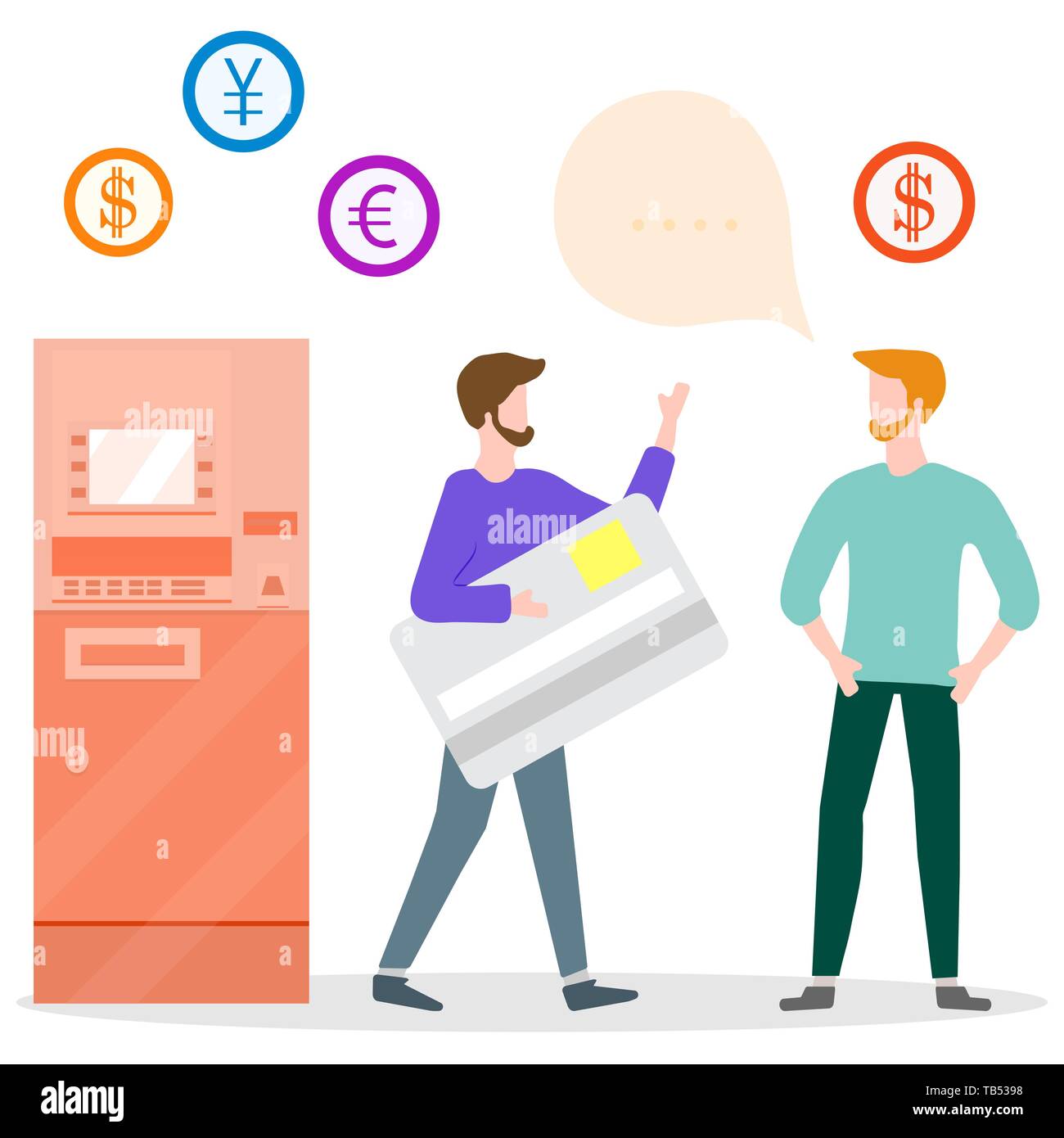 Vector illustration with people near ATM. Man with bank card, male ...