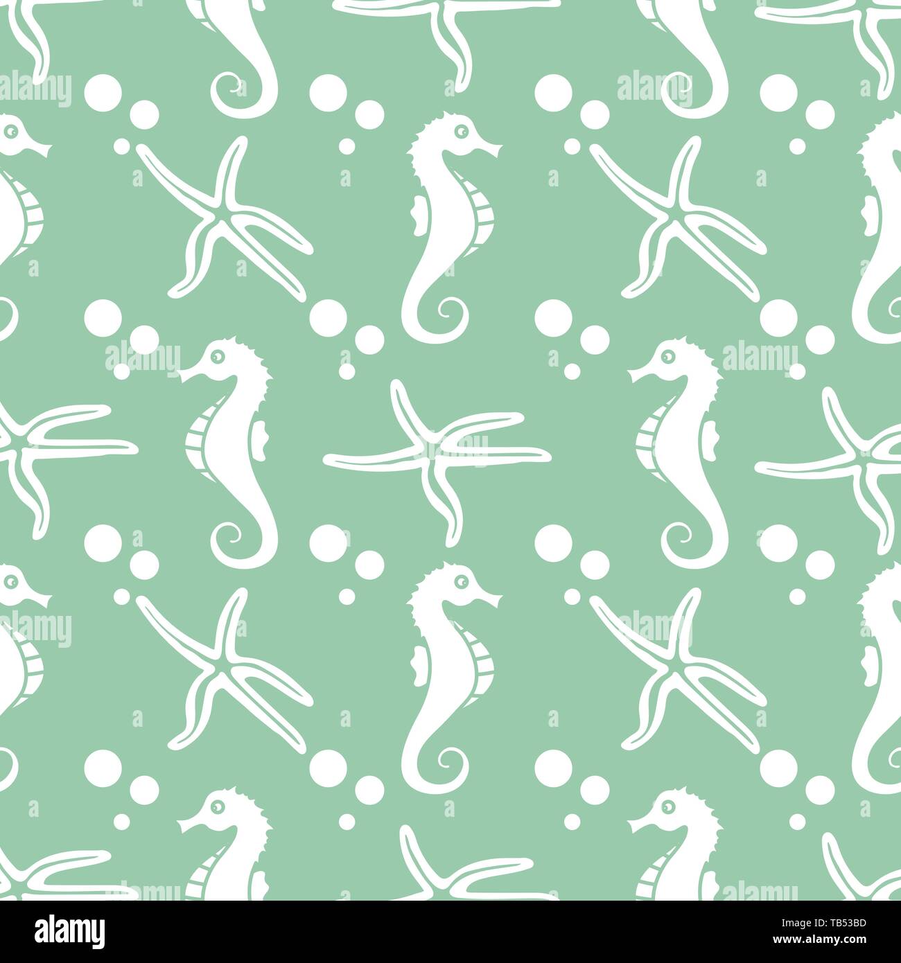 Vector seamless pattern with sea horses, starfish and bubbles. Marine ...
