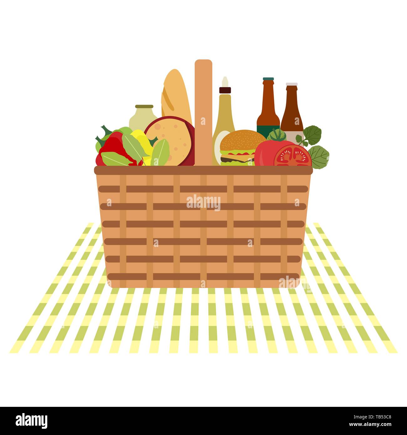 Vector illustration with wicker picnic basket with food and drink ...