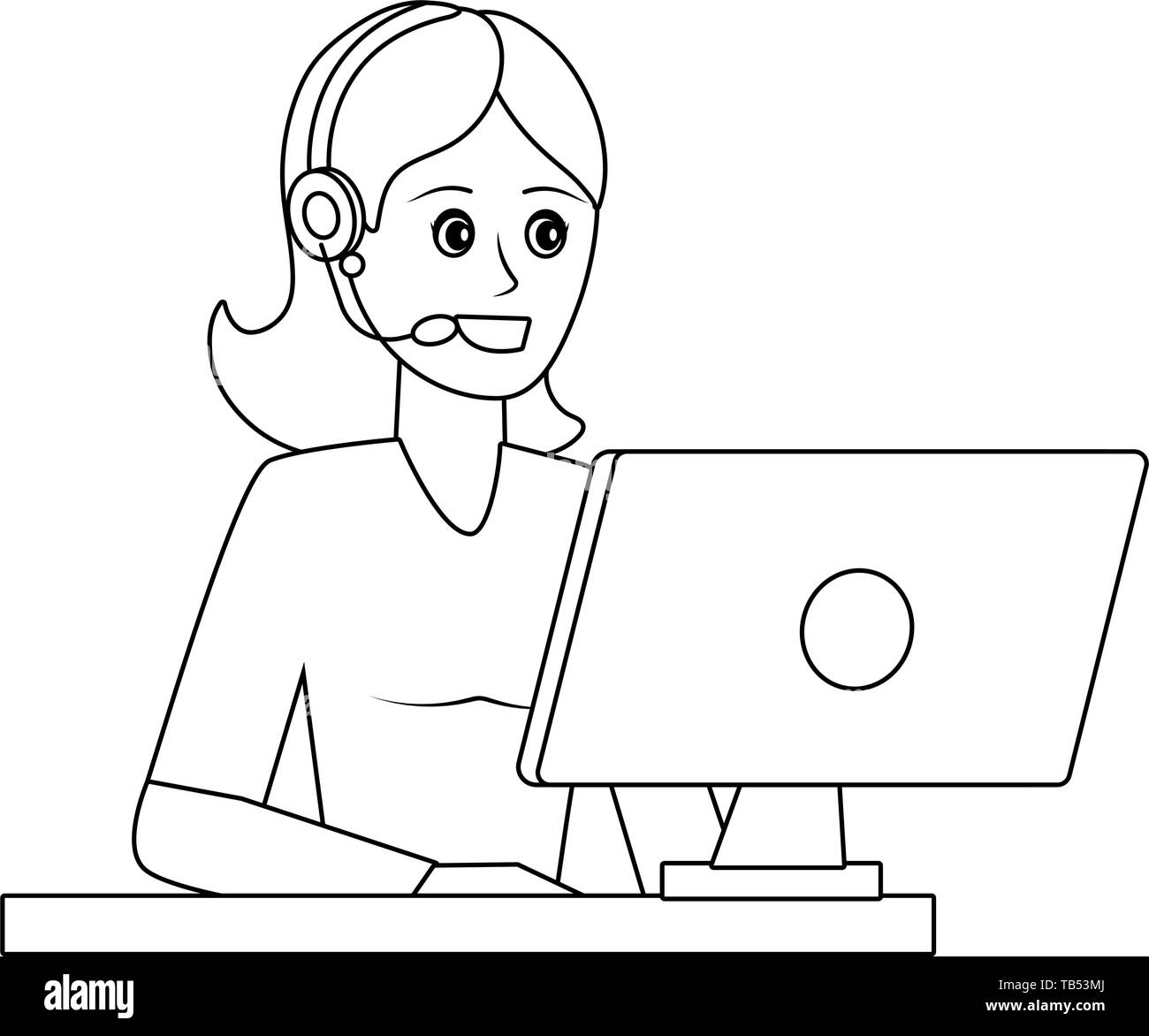 young woman using technology computer wearing headphones cartoon vector