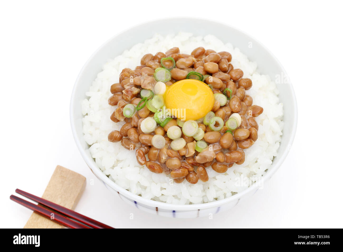 Japanes food, cooked rice with natto on white background Stock Photo